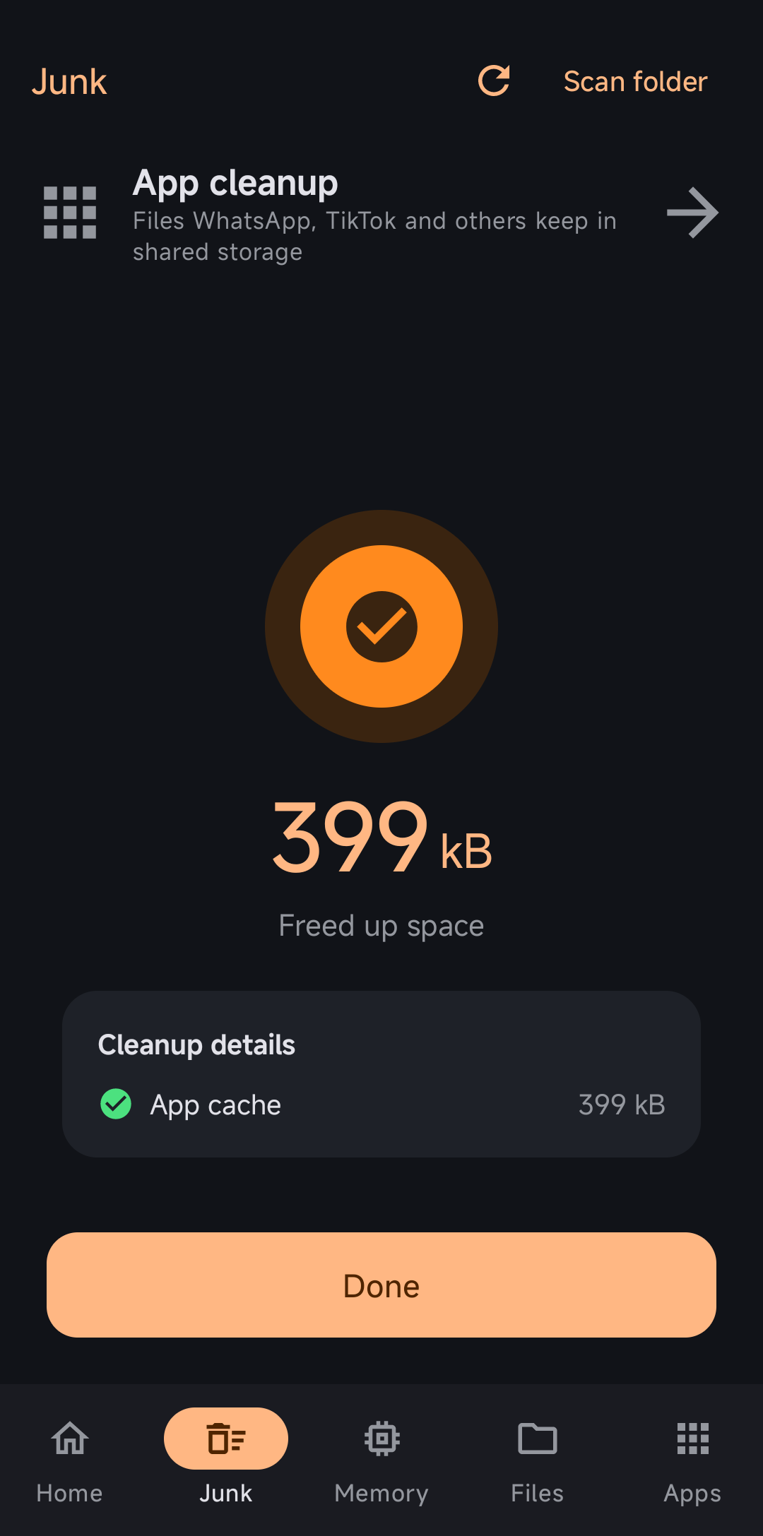 Cleanup result showing the real amount freed
