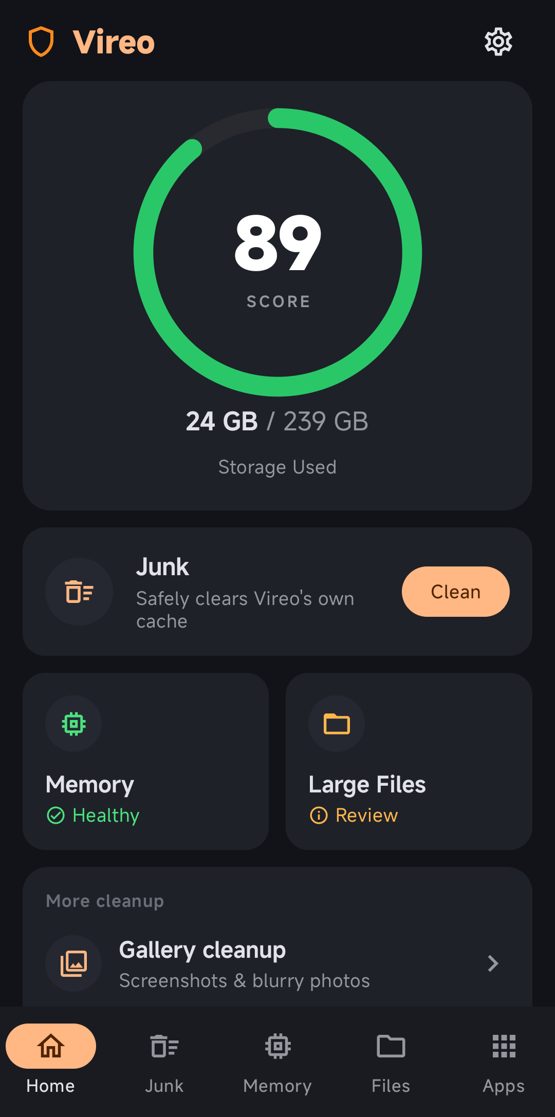 Vireo home screen showing a health score and real storage usage